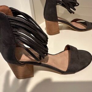 Women's Black Suede Fringe Block Heel Sandals